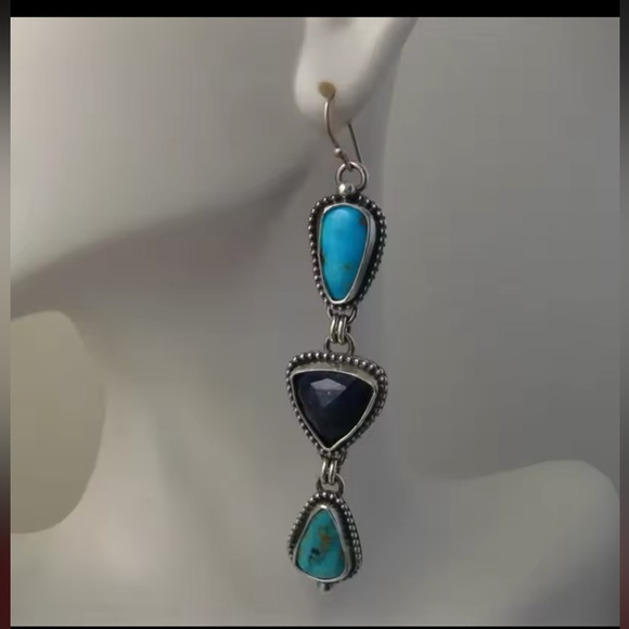 NEW Vintage Triangle Blue Green Stone Earrings Bohemian Steam Punk - Picture 3 of 5